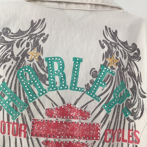 Harley-Davidson xs white and teal denim sparkle studded wings top - Picture 5 of 6